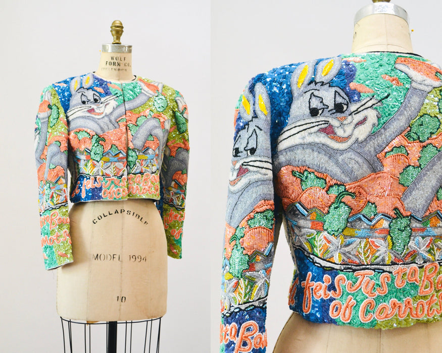 90s Vintage Jeanette Kastenberg Platinum Sequin Jacket Looney Tunes Bugs Bunny Warner Brothers Cartoon Comic Carrot Vegetarian Beaded Jacket