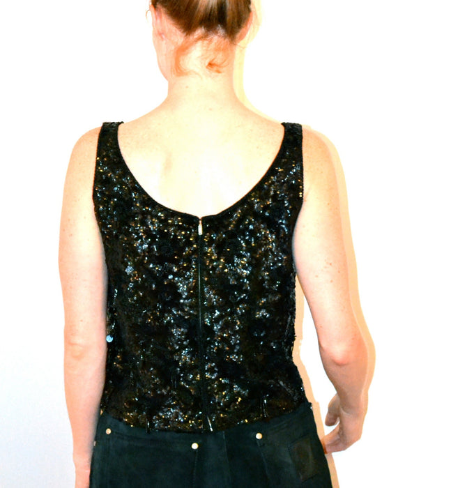 Vintage Black Sequin Top Size Medium// 60s Black Fringe Sequin Shirt Blouse Shirt Size Medium Black Beaded Fringe Tank Top