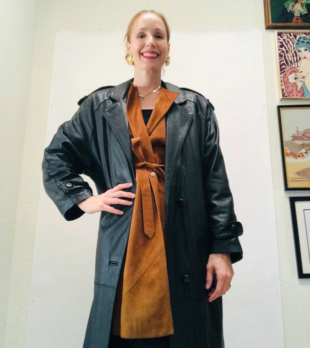 80s 90s Gorgeous Vintage Black Leather Jacket Trench Coat Long Black Leather Jacket Small Medium // Vintage Black Leather Trench Coat Jacket