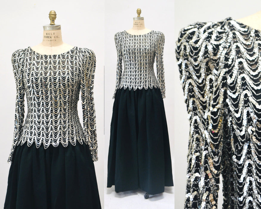 70s 80s Vintage Black Sequin Long Dress by Lillie Rubin Small Medium// Vintage Disco Metallic Silver Gold Black Sequin Dress Evening Gown