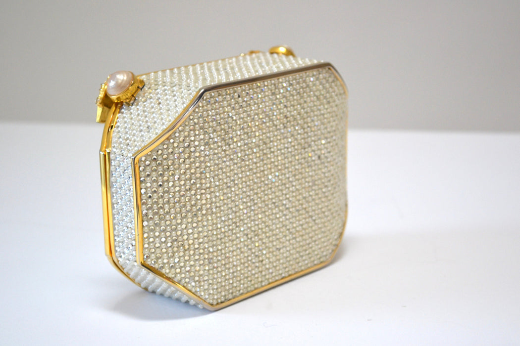 Vintage Judith Leiber Evening Bag Swarovski Crystal Minaudiere Gold Clutch Pearl Crystals Silver Gold Metal Clutch Bag wedding Purse