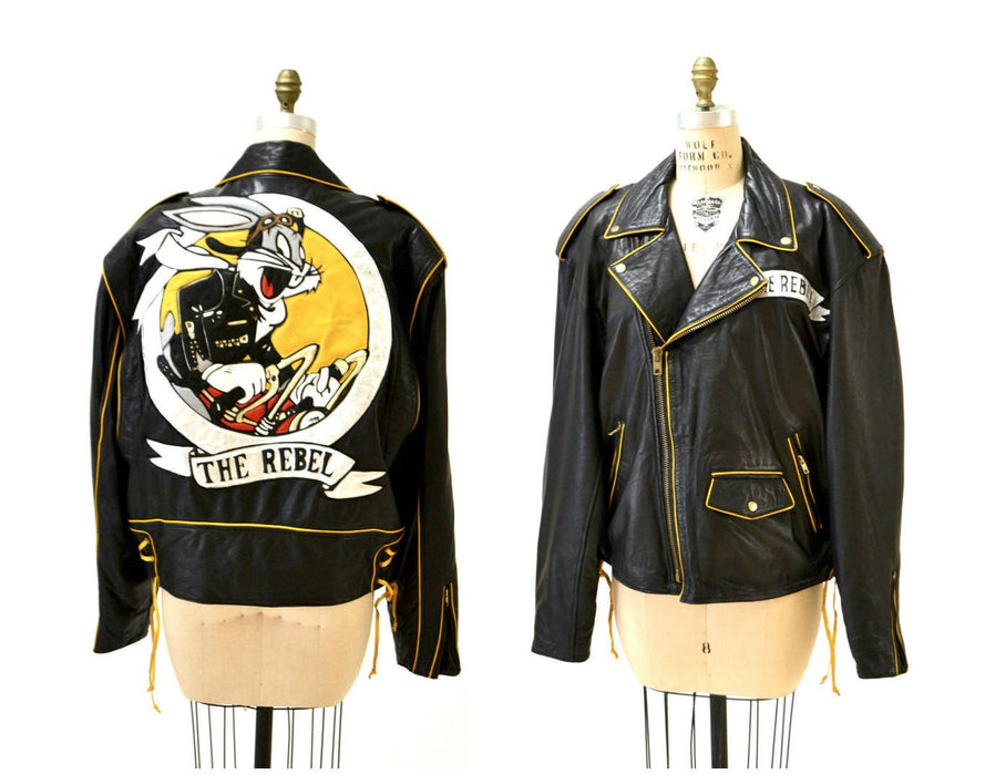 90s Vintage Black Leather Motorcycle Biker Jacket Rebel Bugs Bunny mens Large XL Looney Tunes Cartoon Leather jacket by Baez