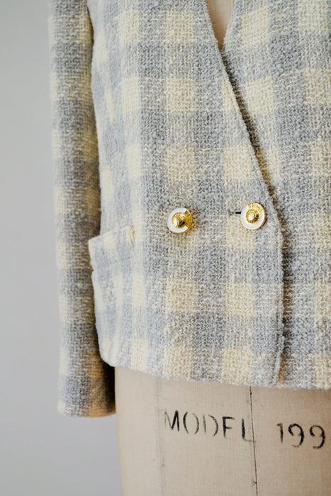 90s Vintage Cream Grey Boucle Plaid Jacket By Louis Feraud US 10 Medium Off White Grey Boucle Wool Houndstooth Plaid Jacket Small Medium