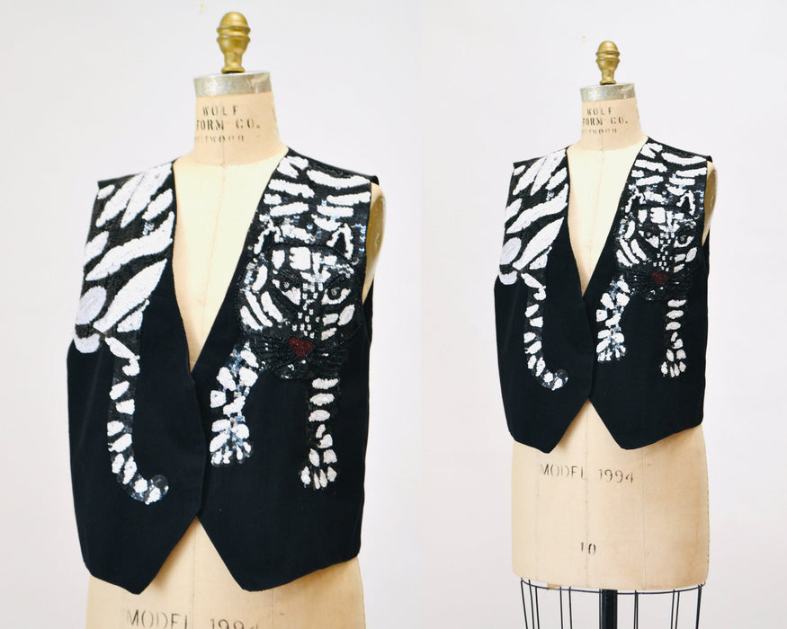 Vintage Black Sequin Vest Tiger Big Sequin Vest Cat Animal Ringmaster Circus Vest Top// Vintage Metallic Sequin Vest TIGER BLack White