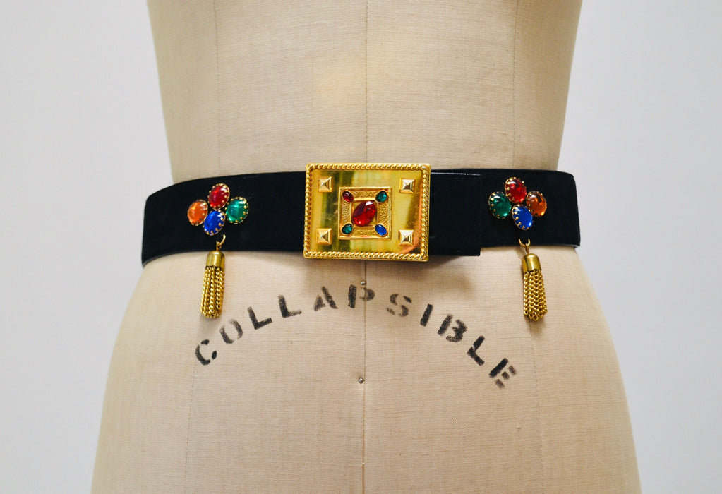 80s 90s Vintage ESCADA Black Gold Gemstone Belt Metallic Chain Fringe Black Leather Belt size 42 Medium Large 80s Glam Wide Black Gold Belt