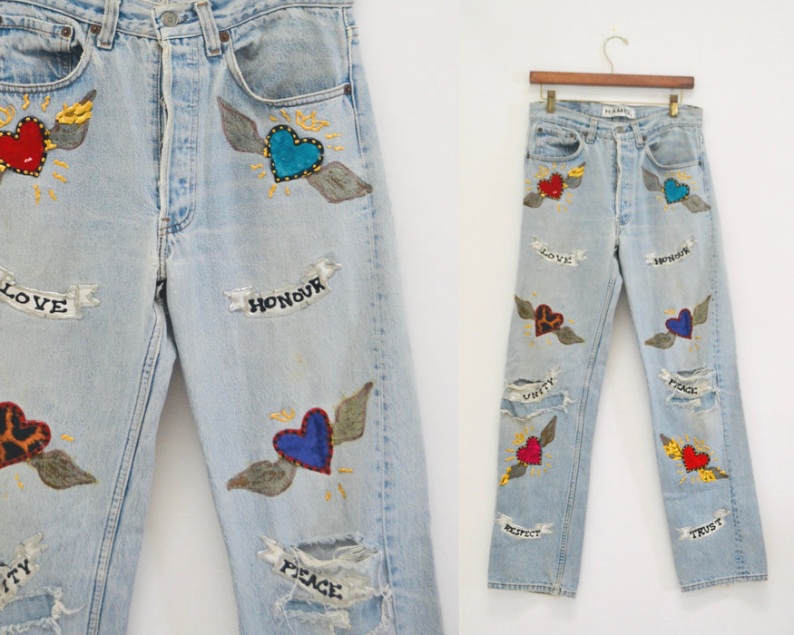 80s Vintage Leslie Hamel Jeans Pants Vintage Levis Hand painted Love Peace Denim Jeans Levis Pop Art Vintage Levis Medium Jeans Madonna