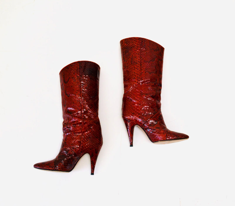 80s Vintage Red Snake Skin Embossed Leather High Heel Boots 6  Leather High Heel Black Boots Pointed Toe Boots Made in Italy