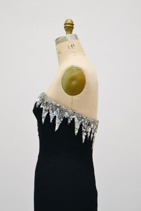 90s Vintage BOB MACKIE Dress Black Sequin Beaded Metallic Strapless Dress XS Small// Black Metallic Silver Sequin Dress Small Bob Mackie