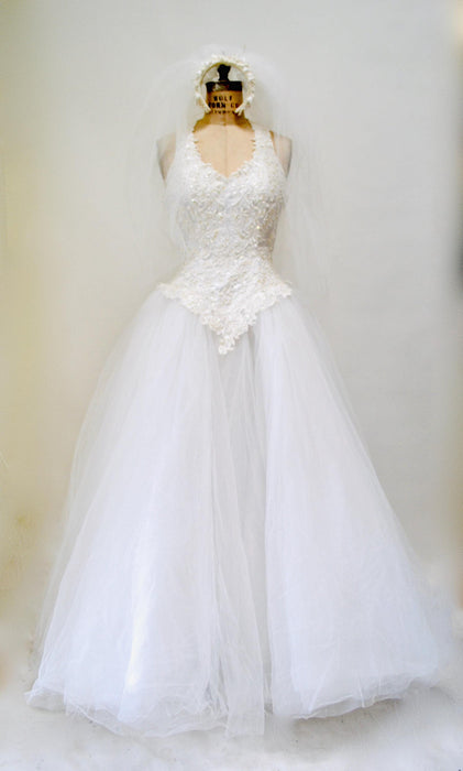 Vintage 2000s Halter Neck Wedding Dress Oleg Cassini White Crinoline Tulle Princess Wedding GOWN XS Small Sleeveless Wedding Dress With Veil