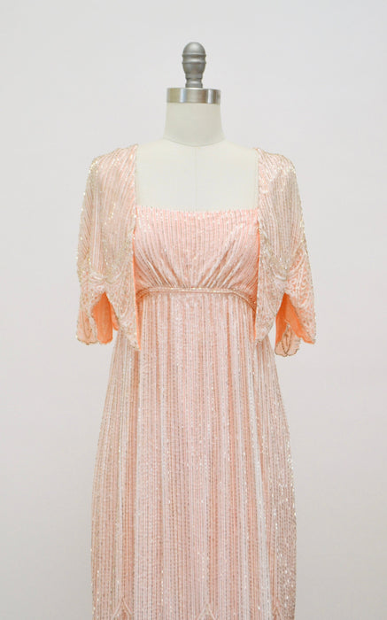 70s Vintage Alfred Bosand Pink Beaded Lace Dress and Capelet White Silver // Vintage White Lace Wedding Dress Evening Gown Beaded Shawl