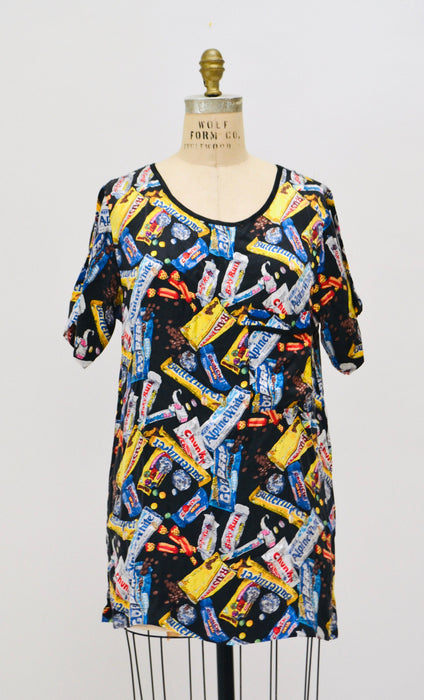 90s Vintage Nicole Miller Silk Shirt Size Large with Chocolate Candy Bar Food Print// 90s Pop art Conversational Print Silk Shirt
