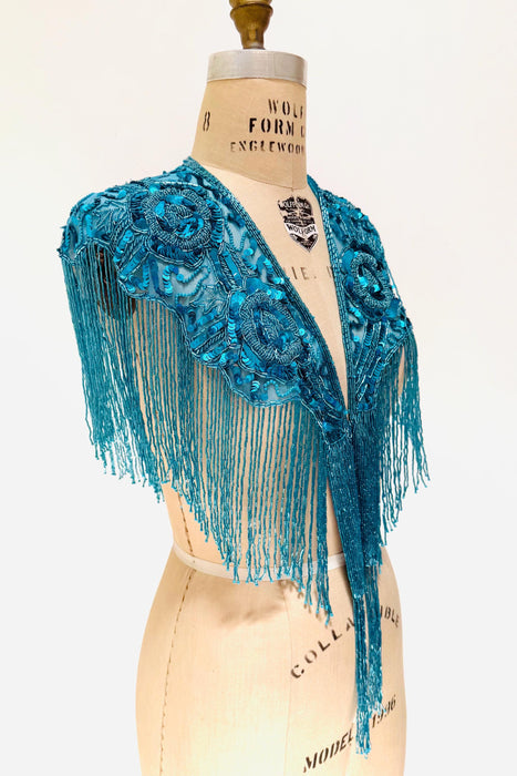 90s Vintage Turquoise Blue Beaded Fringe Shawl Wrap Burlesque Wedding Flapper Blue Metallic Beaded Vintage Fringe Collar Showgirl