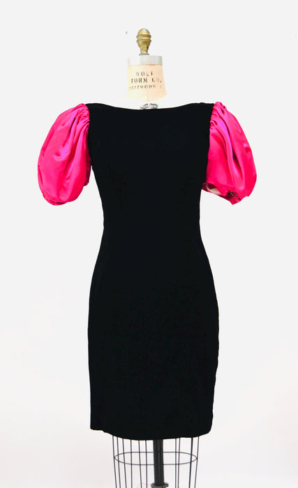 Vintage Black Pink 80s Prom Party Dress // Vintage 80s Party Pink Barbie Costume Dress Small Medium Black Velvet Pink Poof Sleeve Dress