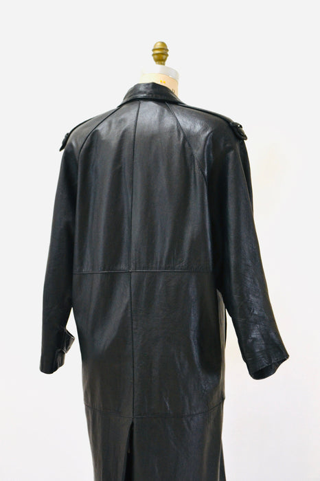 80s 90s Gorgeous Vintage Black Leather Jacket Trench Coat Long Black Leather Jacket Small Medium // Vintage Black Leather Trench Coat Jacket