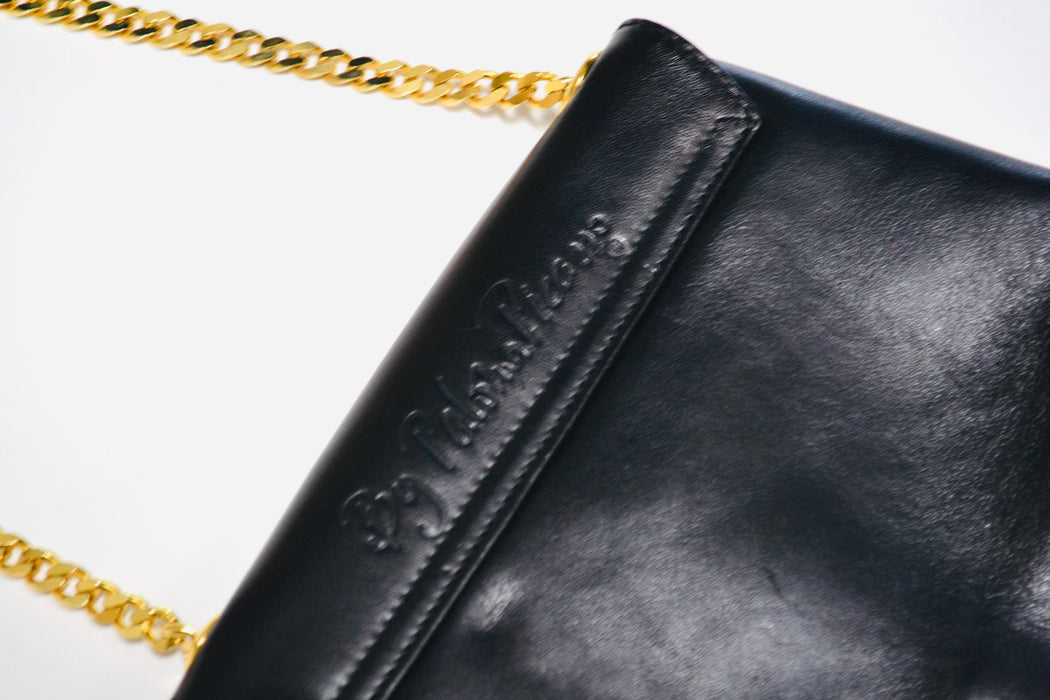 90s Vintage Black Leather Purse Bag By Paloma Picasso//  Black Leather Gold Chain Cross Body Bag Small Black Leather Bag Made in Italy