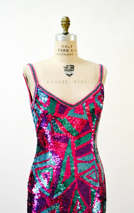 Vintage Sequin Dress Metallic Dress Pink Purple Sequin Dress XS Small // 90s Prom Dress Sequin Dress Sleeveless BodyCon Alyce Designs