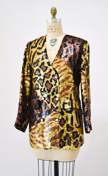 80s 90s Vintage Sequin Jacket Black Small Medium Leopard Cheetah Animal Pattern// 90s Metallic Gold Black Sequin Jacket French Collizioni