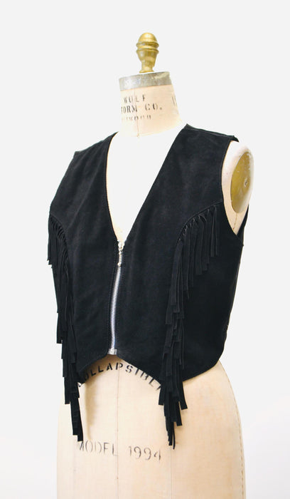 80s 90s Vintage Black Leather Fringe Vest Black Fringe leather Vest Cowboy Cowgirl Rodeo Biker Festival Vest Large Black Leather Vest