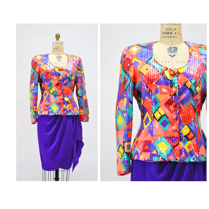 80s 90s Vintage Sequin Jacket Suit and Skirt By Lillie Rubin Abstract Rainbow Print Sequin Suit Medium large 80s Power Suit Sequin Jacket