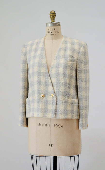 90s Vintage Cream Grey Boucle Plaid Jacket By Louis Feraud US 10 Medium Off White Grey Boucle Wool Houndstooth Plaid Jacket Small Medium