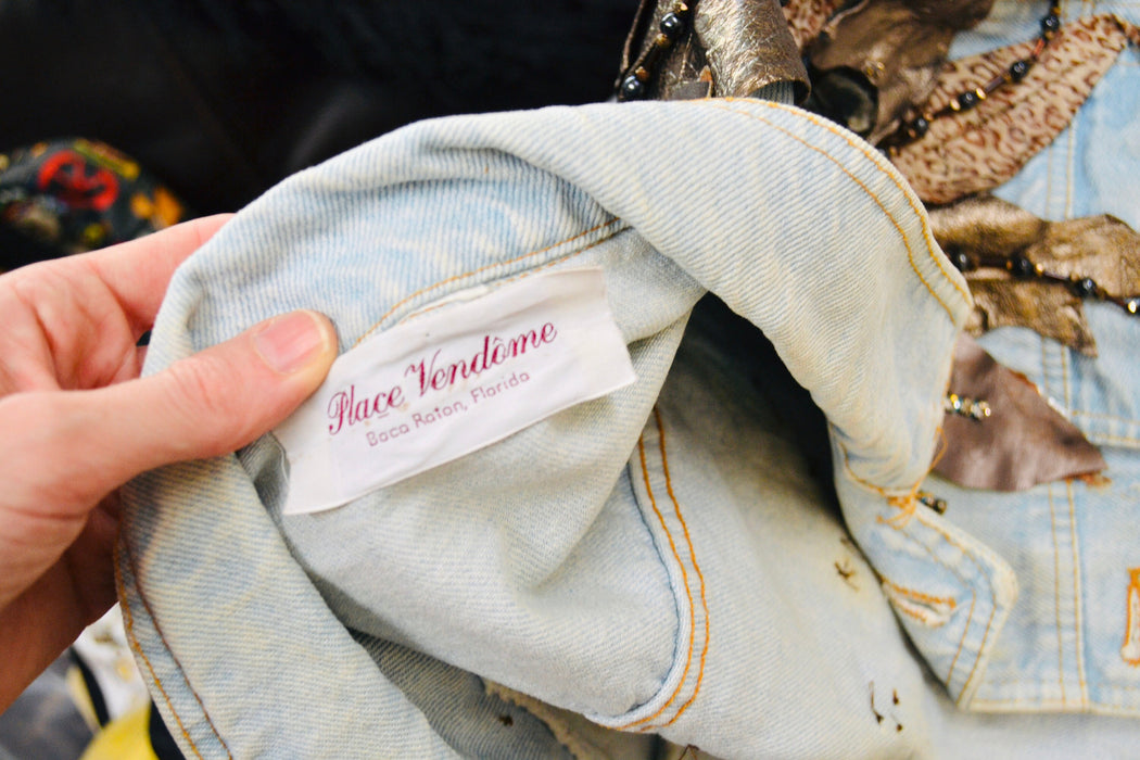 80s Vintage Denim Jacket Leather Rhinestone Medium // 90s 80s  Glam Denim Jean Jacket Womens Beaded Flower Leather Jean Jacket Art to Wear