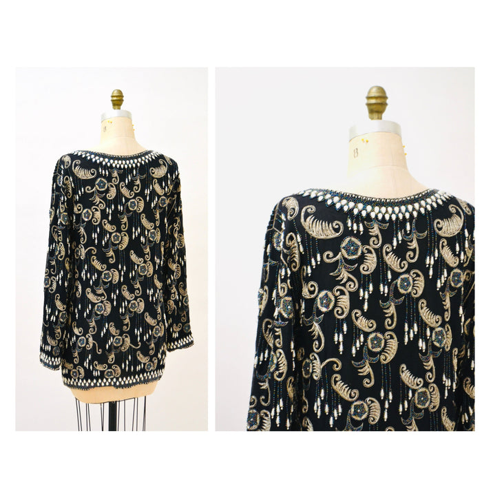Vintage Beaded Metallic Embroidered Jacket Black Silver Paisley Jacket // Vintage Black Embroidered Jacket Art Deco Beaded Jacket
