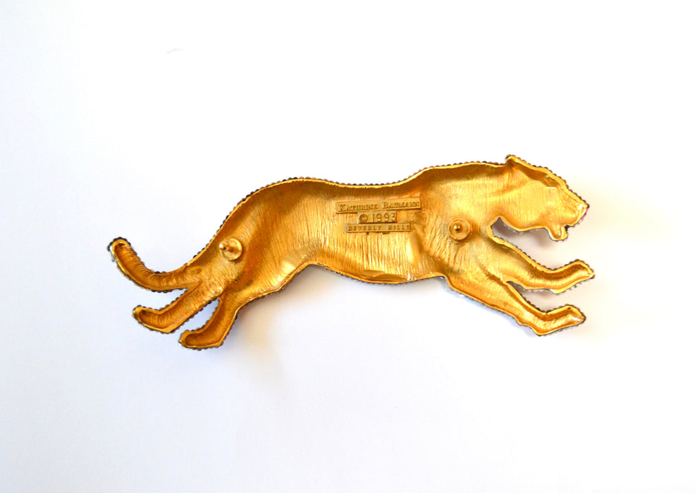 90s Vintage Katherine Baumann Beverly Hills Swarovski Crystal Panther Cheetah Leopard Belt Buckle Metallic Rhinestone Belt Buckle Large Cat
