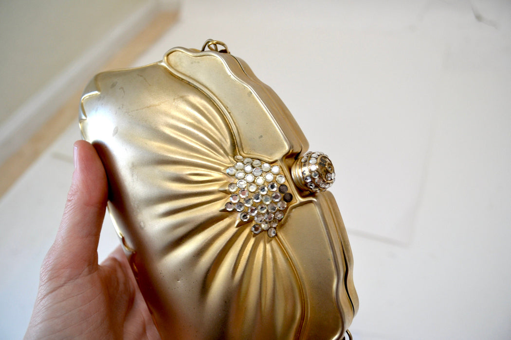 90s Vintage Metallic Gold Metal Clutch Evening Bag Hard Case with Crystals// Vintage Gold Wedding Clutch Metal Evening Bag Gold Clutch