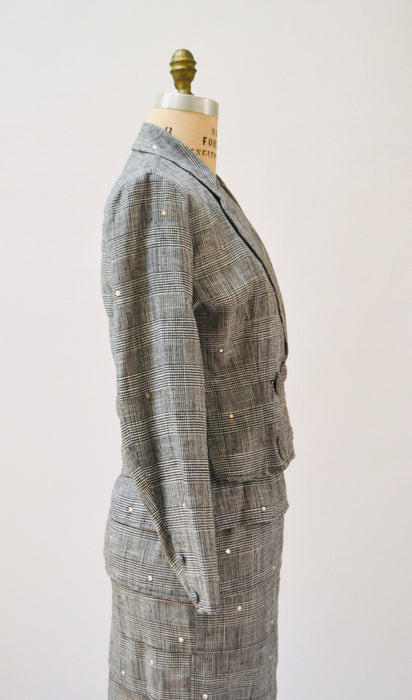 90s Vintage Plaid Jacket Skirt Suit Rhinestones Black and White Plaid Double Breasted Suit Jacket Rhinestone Glam Power Suit Small Medium