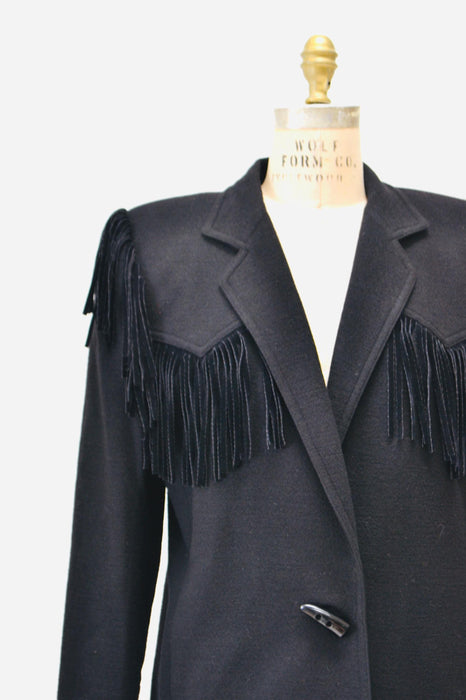 80s 90s Vintage Black Fringe Wool Jacket Blazer Medium// 80s Black Fringe Western Rockstar Black Blazer Jacket Cowgirl Criscione