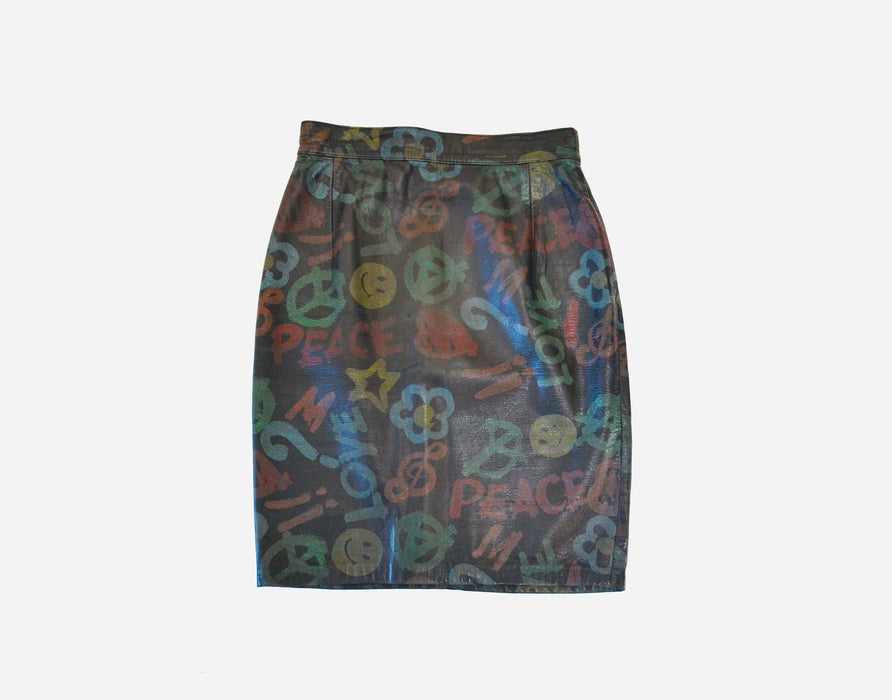 Vintage Moschino Leather Skirt Love peace Music smiley face XS Small Vintage Black Leather Skirt Painted Love Peace Music Moschino Pop art
