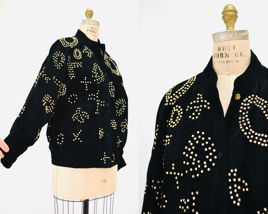 90s Vintage Black Leather Jacket Gold Studded Rhinestone Jacket By Kathrine Baumann  Black Suede 80s Glam LOVE Leather Jacket Medium Large