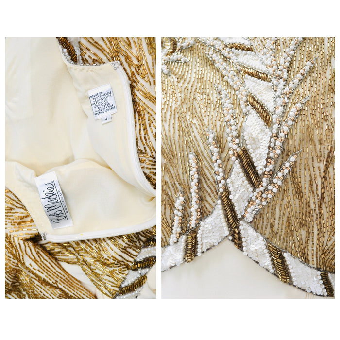 80s 90s Vintage BOB MACKIE White Cream Beaded Gold Sequin Gown Dress Size Small// Vintage Wedding Gown Beaded Long Sleeve Pageant Dress