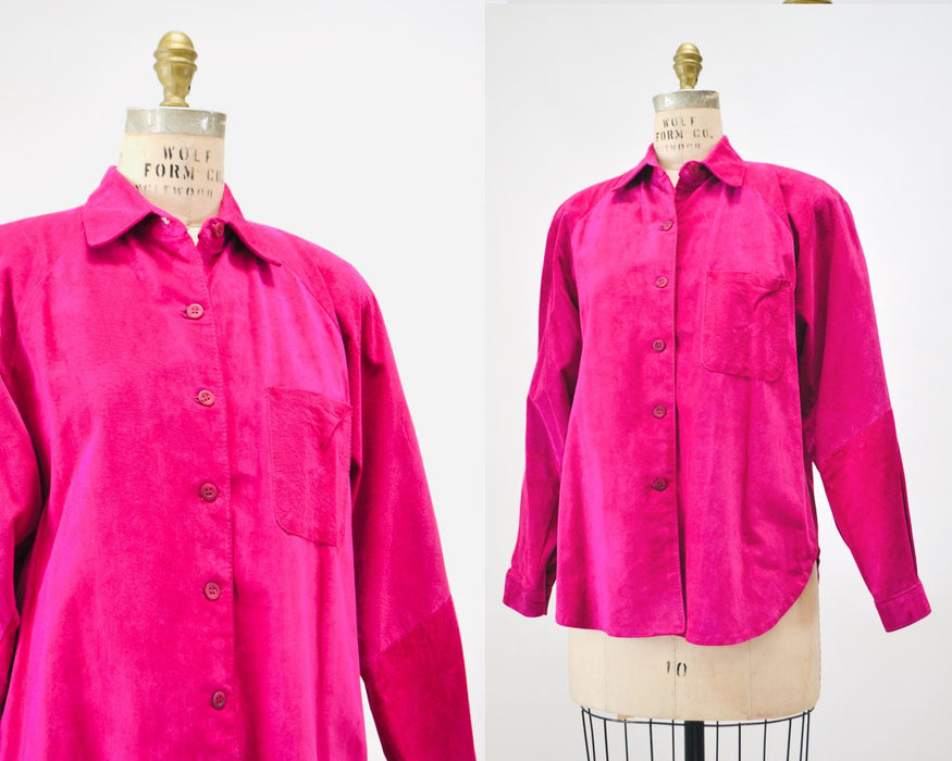 Vintage 90s Bright Pink Leather Shirt Button Down Sueded Leather Shirt Long Sleeve Top Leather Blouse Top Large 90s Pink Fuchsia Suede Shirt