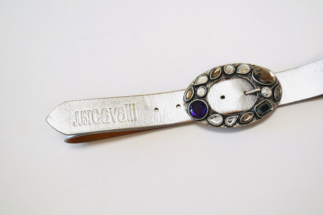 Y2K 2000s Just Cavalli Silver Leather Belt Rhinestone Crystal Belt Buckle Silver Leather Studded Belt Buckle 33-37" Roberto Cavalli Belt