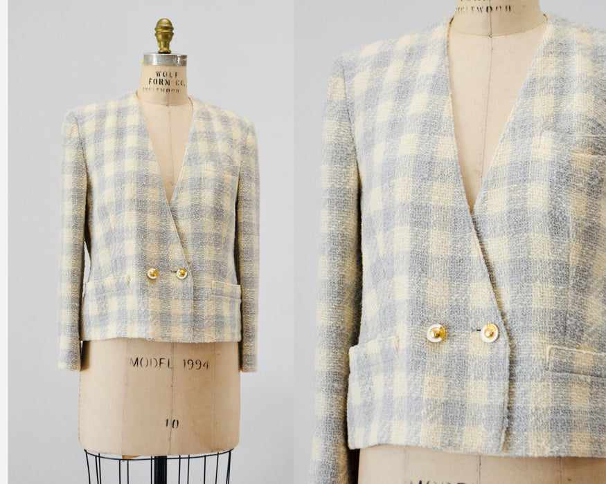 90s Vintage Cream Grey Boucle Plaid Jacket By Louis Feraud US 10 Medium Off White Grey Boucle Wool Houndstooth Plaid Jacket Small Medium