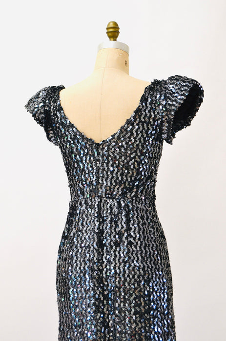 80s Glam Sequin Dress Silver Black Medium Large Body Con Knit Dress // 80s Prom Party Vintage Metallic Sequin Dress Drag Queen Pageant