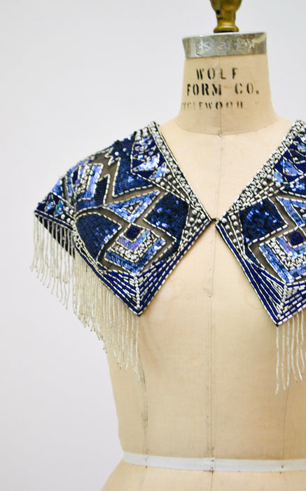 90s Vintage Blue Beaded Fringe Shawl Wrap Burlesque Wedding Flapper Blue Metallic Beaded Vintage Fringe Collar Shawl Showgirl