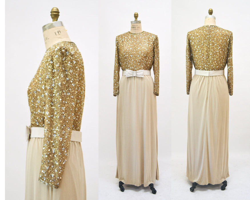 70s 80s Gold Sequin Metallic Dress Gown Wedding Dress 70s Gold Silver Beaded Dress Medium By Claire Pearone// 70s Vintage Beaded Gold Dress