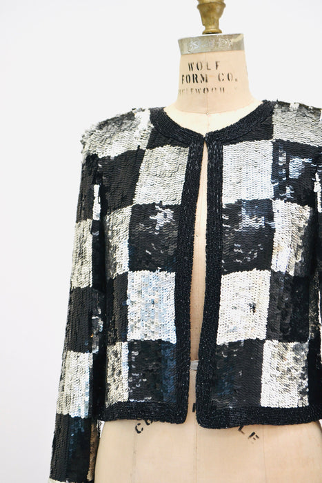 Vintage Sequin Jacket Black Silver Metallic Checker Plaid Small Medium// Vintage Sequin Jacket Blazer Silver Black Checkered Sequin Glam