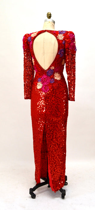 70s 80s Vintage Red Beaded Dress Evening Gown Small Medium// 90s Red Beaded Evening Pageant Dynasty Gown Dress Small Chinese Wedding Gown