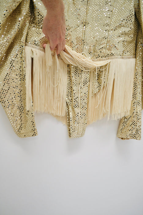 90s Gold Topless Fringe Bodysuit for Burlesque Drag queen thong Vintage Gold Metallic Party festival Fringe Bodysuit Showgirl Costume Large