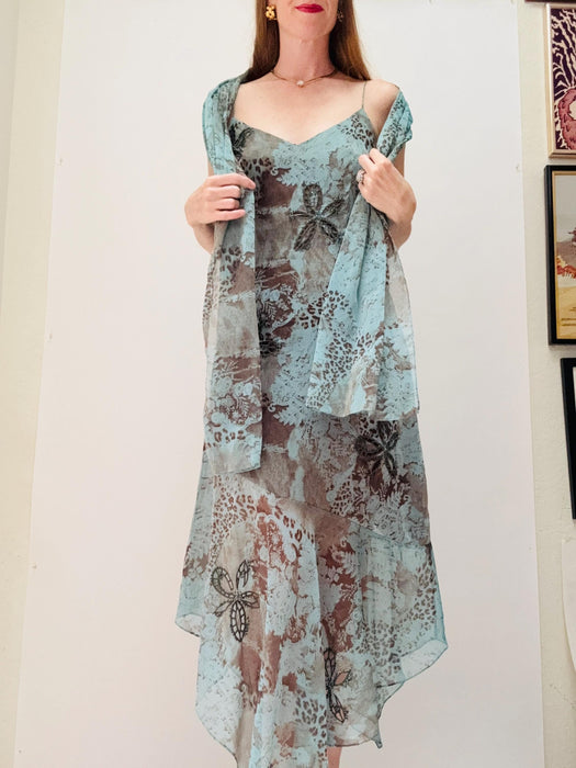 Vintage 00s Y2K Slip Tank Dress Dress Bob Mackie Animal Print Chiffon Dress Medium Summer Wedding Party Slip Dress Blue Brown Beach Dress