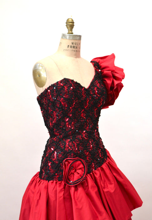 80s Prom Dress Red Black ruffle Sequin dress// Vintage 80s Party Flamenco Pageant Dress XS Small// Vintage 80s Spanish Sequin Party Dress