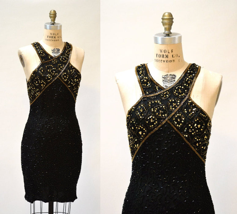 Vintage Beaded Dress Size Medium Large Black and Gold Art Deco// 90s Prom Dress Black Metallic Body Con Beaded dress Size Medium Large