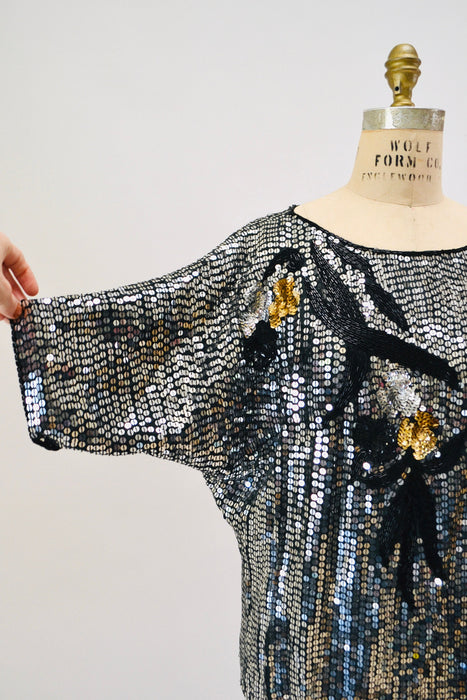 70s 80s Vintage Beaded Shirt Top Black Silver Top Large Shirt 70s 80s Glam Disco party Silver Metallic Sequin Top Size Medium Large