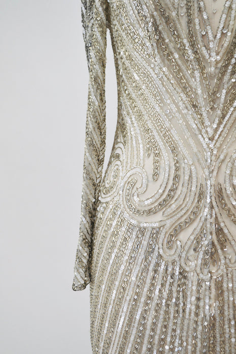 80s 90s Vintage Silver Gold White Cream Beaded Gown Dress Medium Bob Mackie Silk// Vintage Sheer Wedding Gown Beaded Art Deco Medium