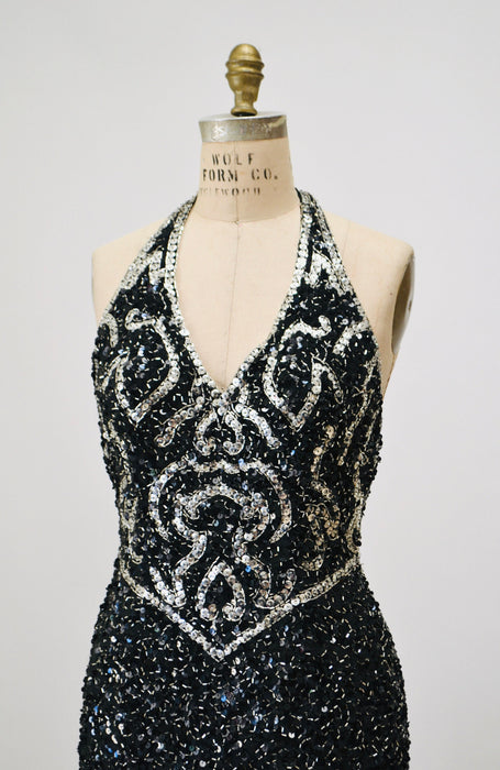 90s Y2K Vintage Black Sequin Party Dress Black Silver Sexy Sequin Halter neck party Cocktail Dress XS Small Black Club Sequin Tank Dress