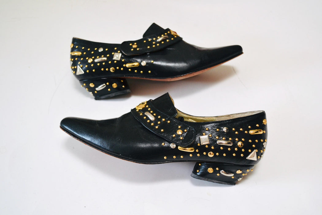 80s 90s Black Leather Cropped Boots size 7 1/2 Cropped Studded Rockstar Black Booties Flats // 90s Black Leather Booties Shoes Size 7 7 1/2