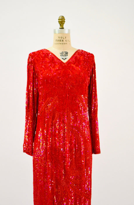 90s Vintage Red Sequin Beaded Dress Evening Gown Medium Large// 80s 90s Glam Red Sequin Long Sleeve Dress Beauty Pageant Showgirl Gown